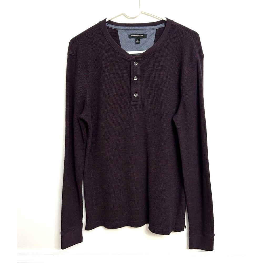 Banana Republic Waffle-Knit Henley Sweater Shirt Men's M Purple L/S Cotton Blend